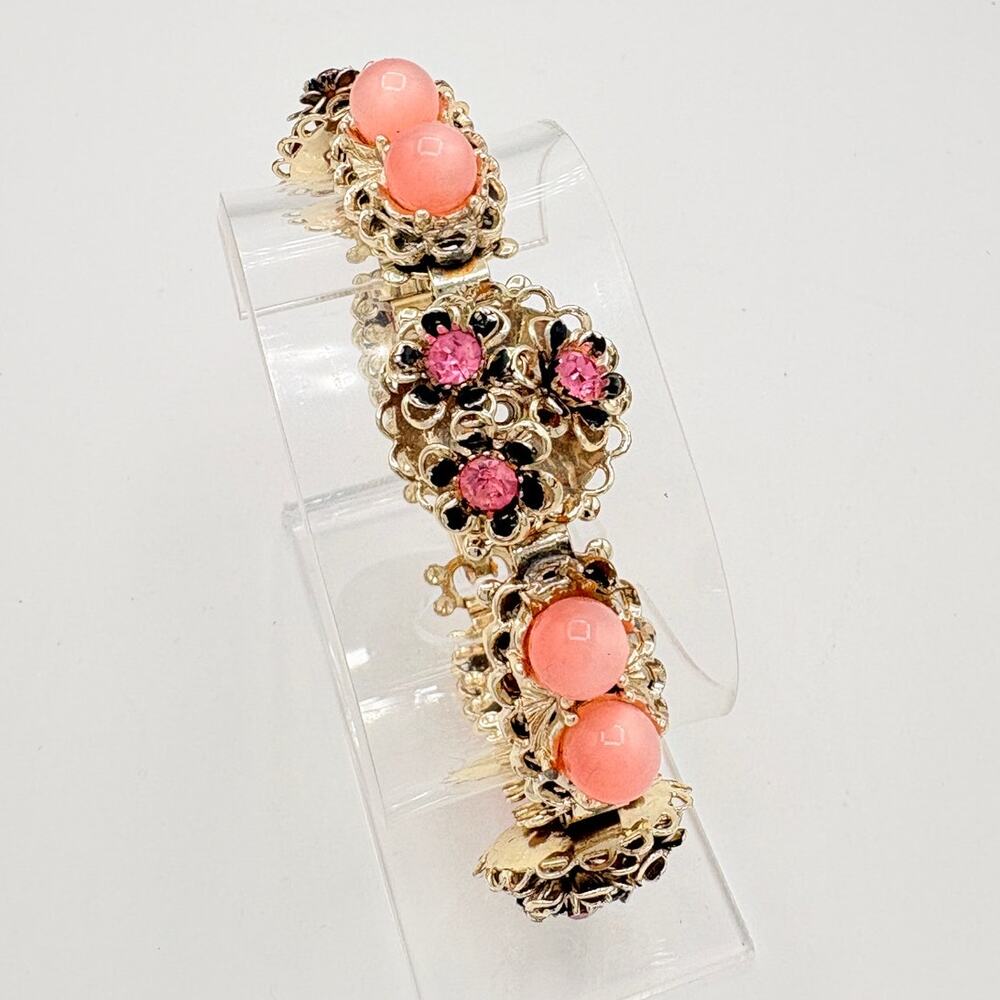 Mid‑Century Gold‑Tone Panel Bracelet w Pink Glass Cabochons & Coral‑Tone Beads